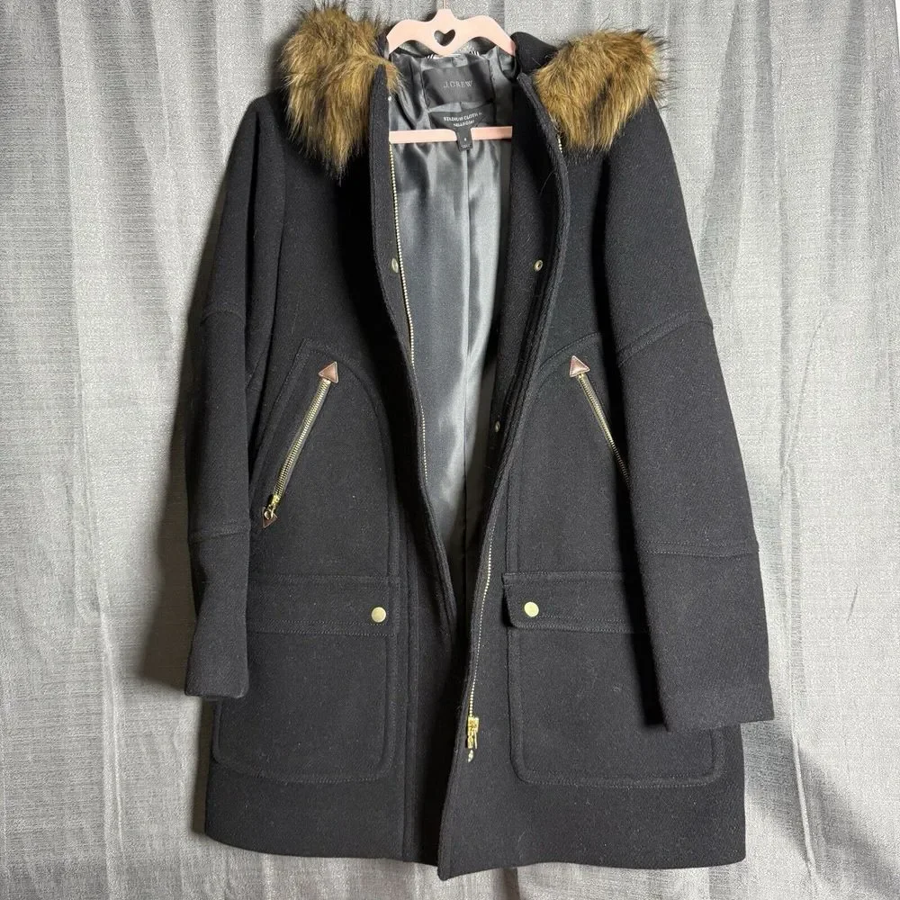 J. Crew Stadium Cloth Coat Size 6 Black Chateau Italian Wool Parka Hood Faux Fur